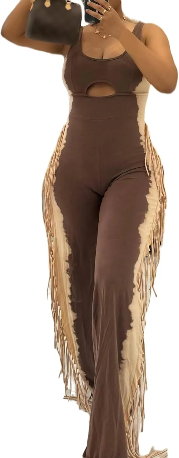 YOOTIKO Women Casual Sleeveless Jumpsuit Fringe Pants Sexy Cutout Tummy Control Tank Workout Romper