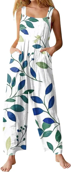ZEFOTIM Wide Leg Jumpsuits for Women Floral Rompers Square Neck Wide Leg Jumpers Comfy Wide Straps Overall with Pockets