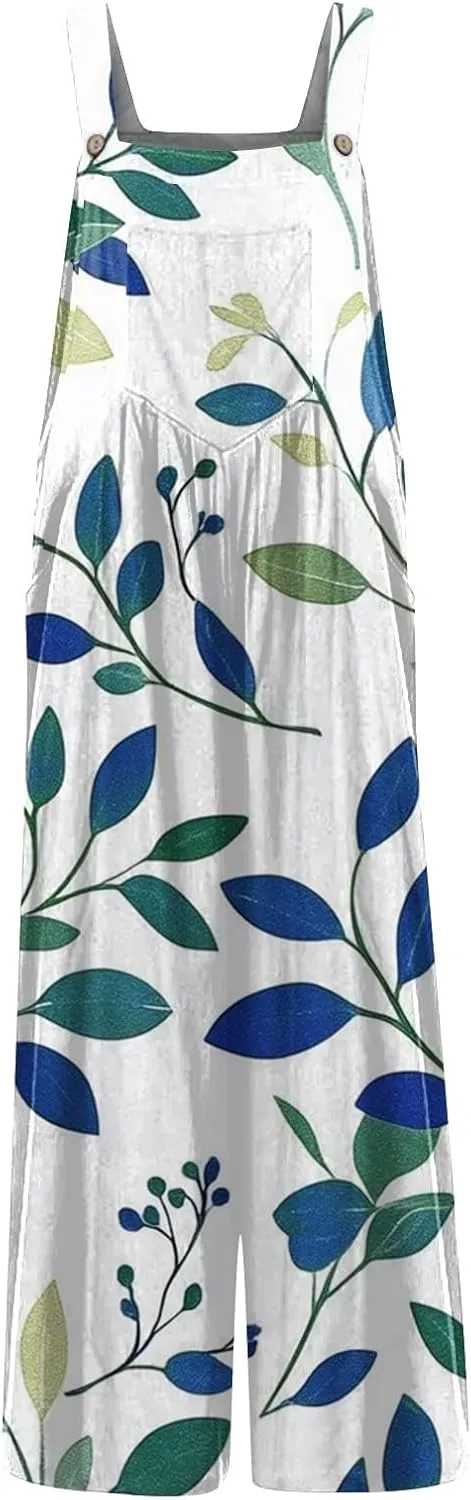 ZEFOTIM Wide Leg Jumpsuits for Women Floral Rompers Square Neck Wide Leg Jumpers Comfy Wide Straps Overall with Pockets