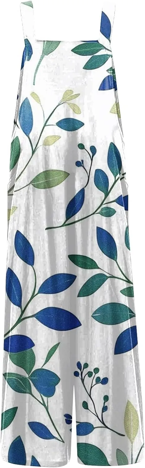ZEFOTIM Wide Leg Jumpsuits for Women Floral Rompers Square Neck Wide Leg Jumpers Comfy Wide Straps Overall with Pockets